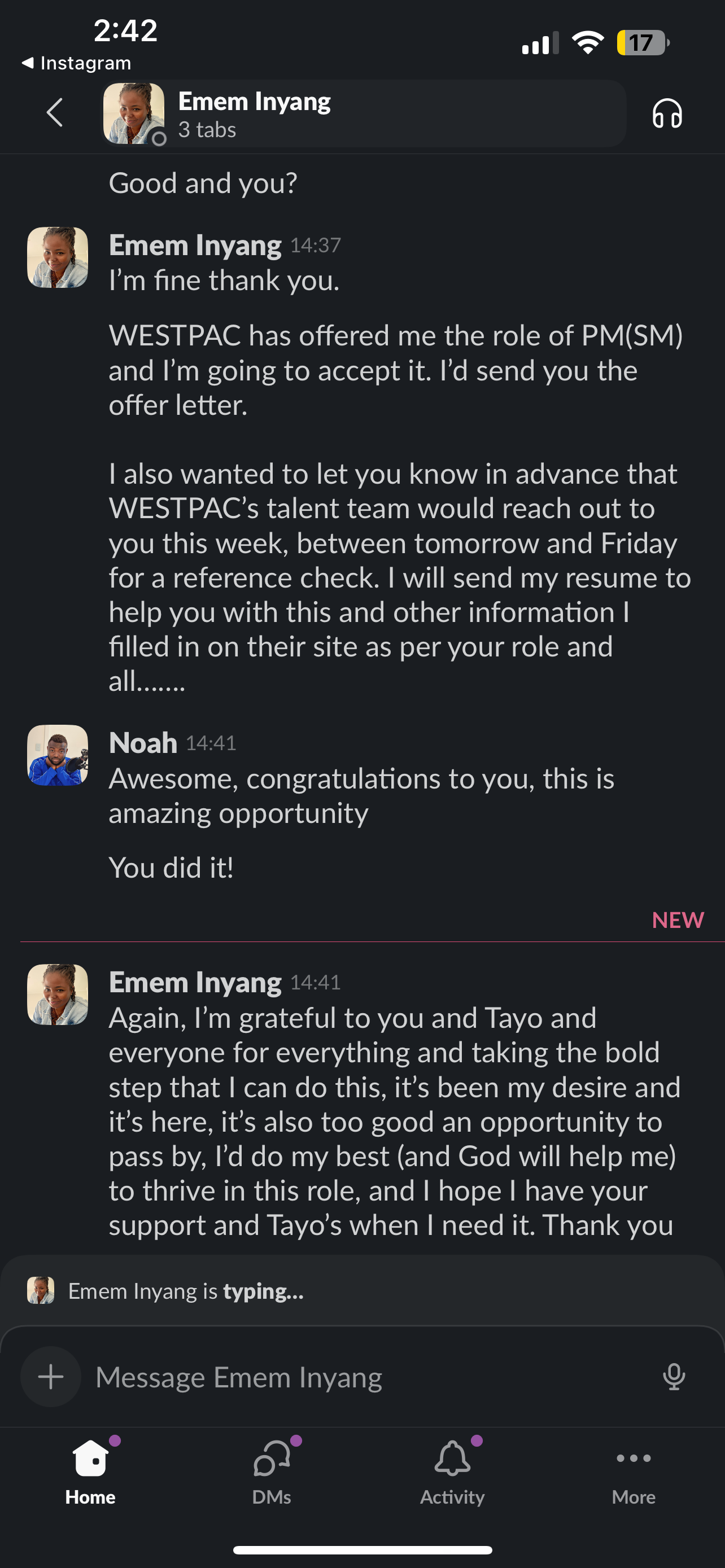 Screenshot of Emem expressing gratitude to Tayo