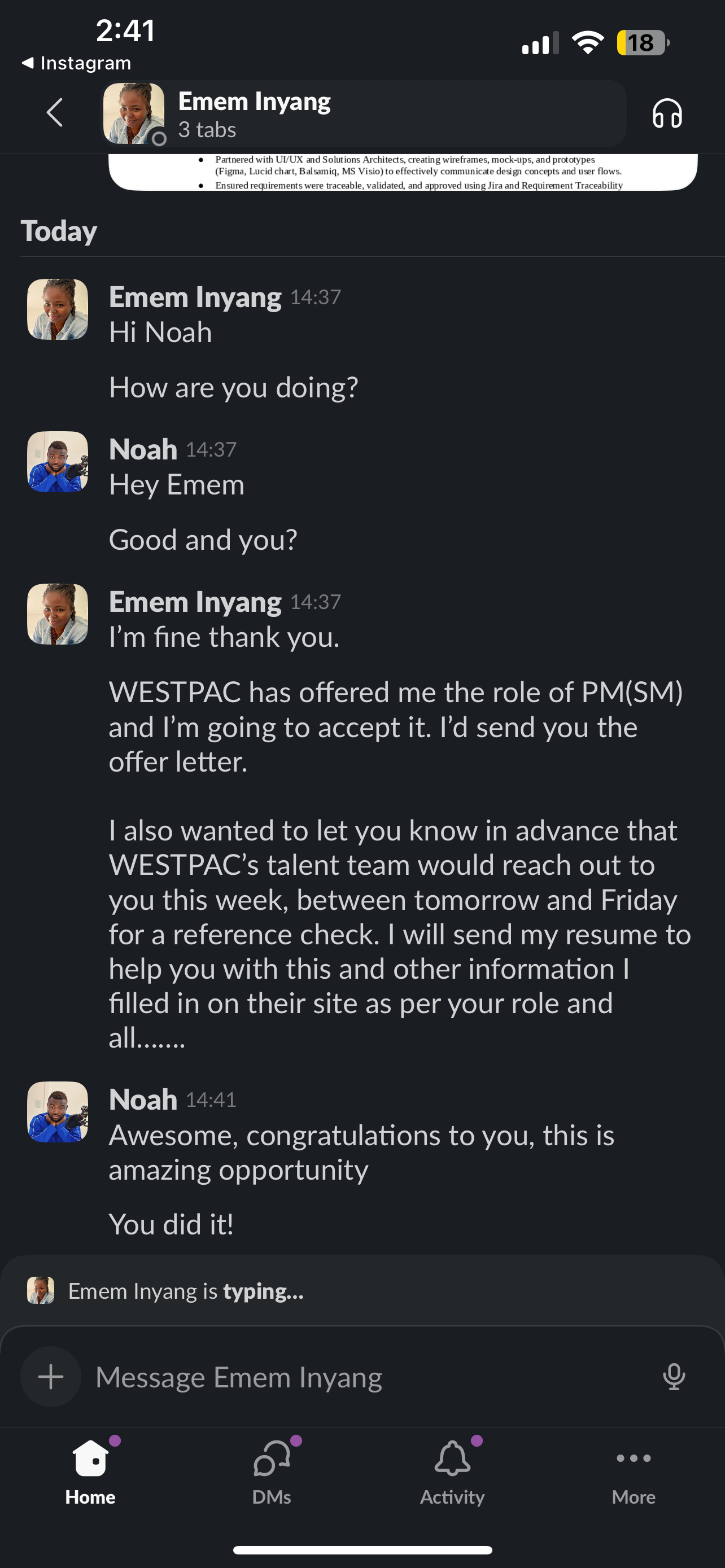 Emem receiving a Westpac offer after learning communication skills